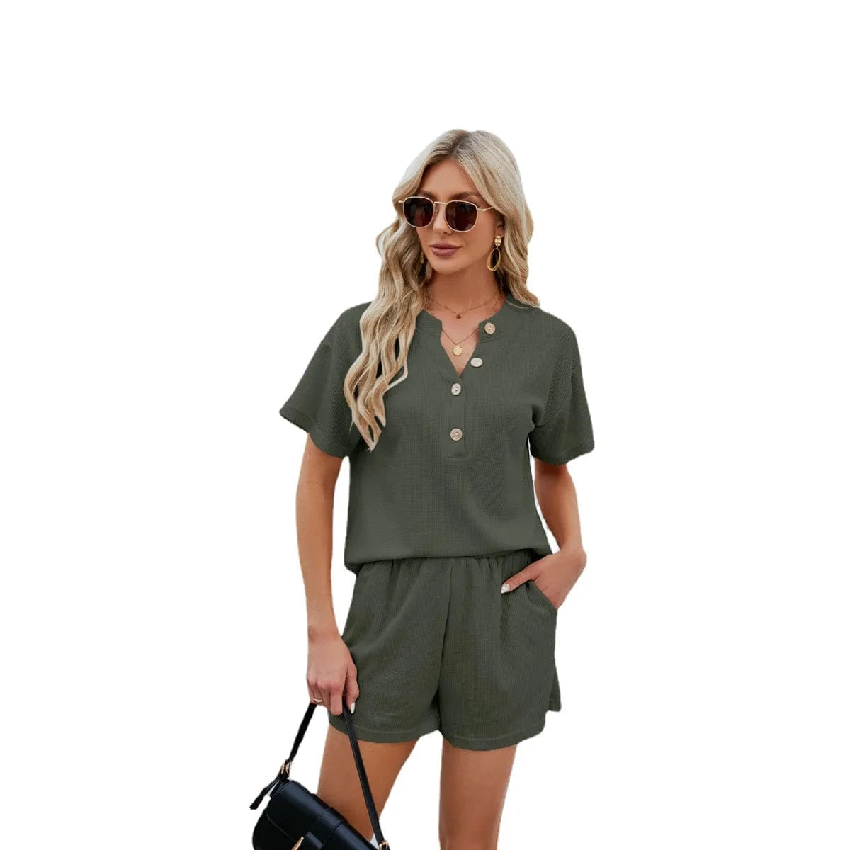 XL / Dark Green Two-piece Shorts Set Women's Clothing 2024 Spring Summer New in Solid Color Casual Home Clothing Two Piece Sets Women Outifit