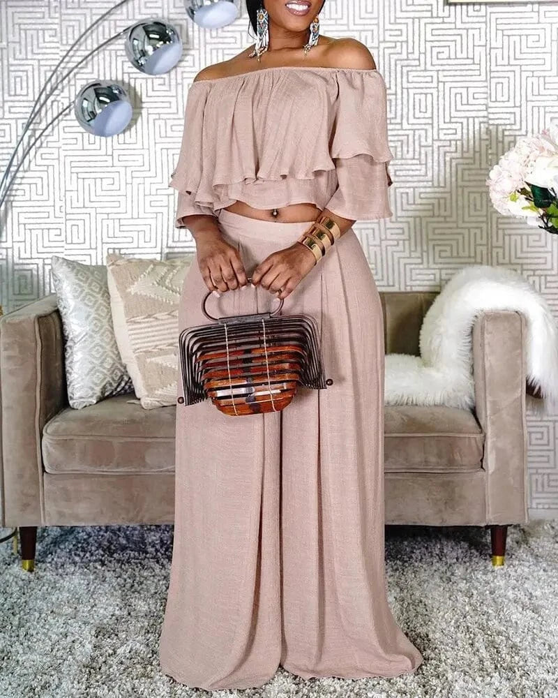 XL / Dark pink Liu Ming Hot Selling Custom 2024 Summer Women Ruffle Off Shoulder Tops Plus Size Wide Leg Loose Trousers Pants Set