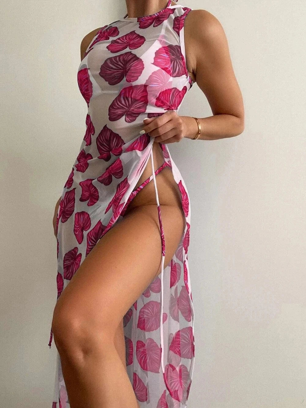 XL / Floral 2024 New Custom Summer Beach Bathing Suit Women Sexy Mini Bikini Set with Mesh Skirt Swimsuit Halter Three Pieces Swimwear