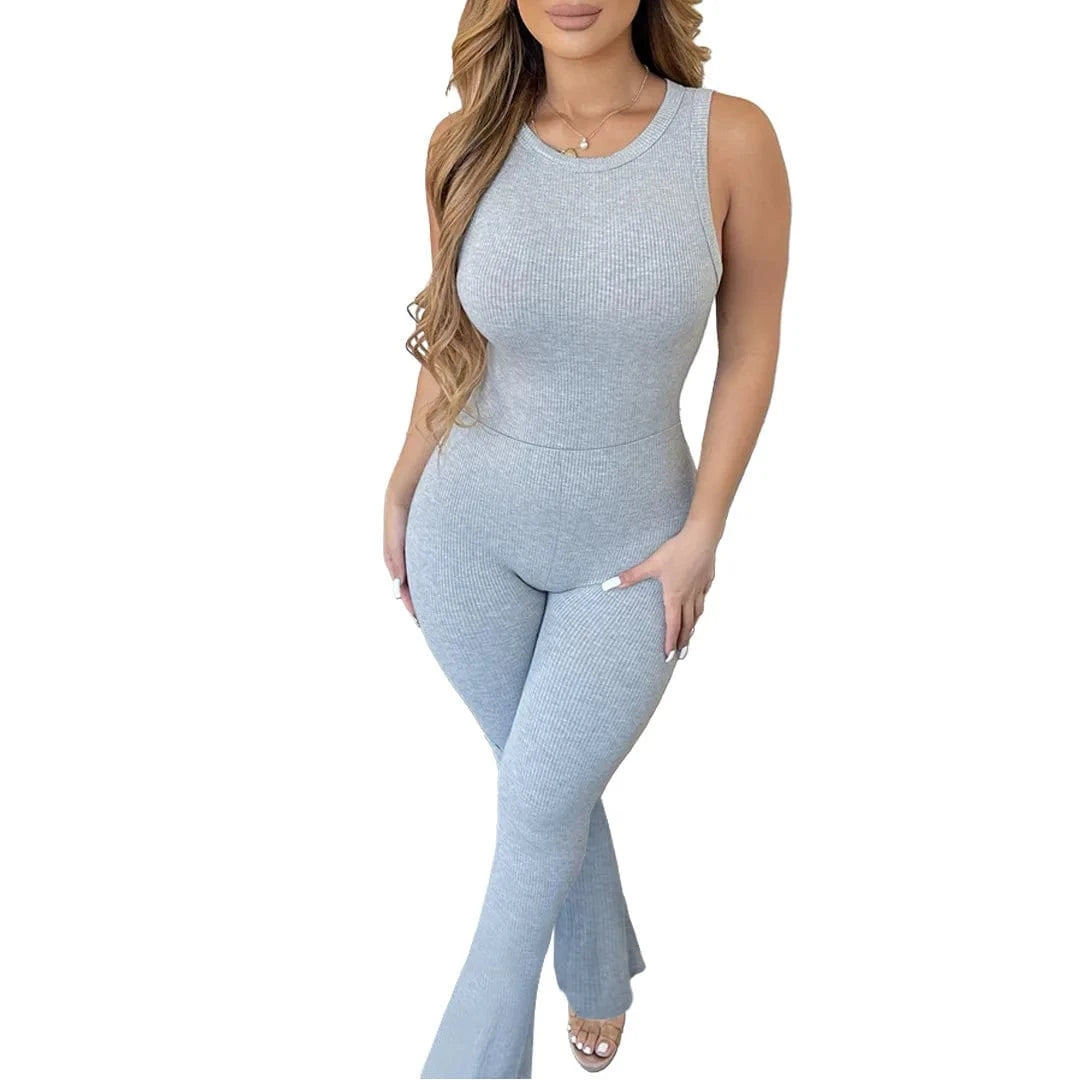 XL / flower gray DAMOCHIC One Piece Zipper Skinny Women Club Wear Jumpsuit Sleeveless Modest Mujer Elegante Bodycon Ribbed Jumpsuit Women 2023