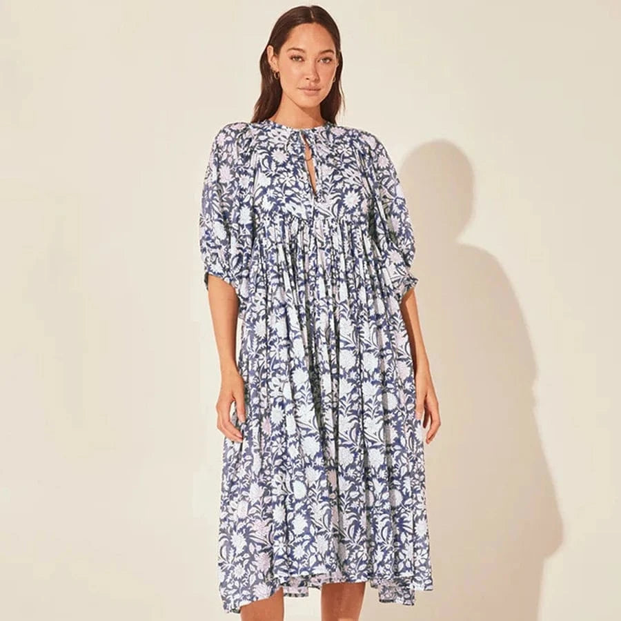 XL / FQPR007 Wholesale Casual Beach Vacation Style Swing Boho Floral Maxi Dresses Short Sleeves Loose Plus Size Bohemian Dress