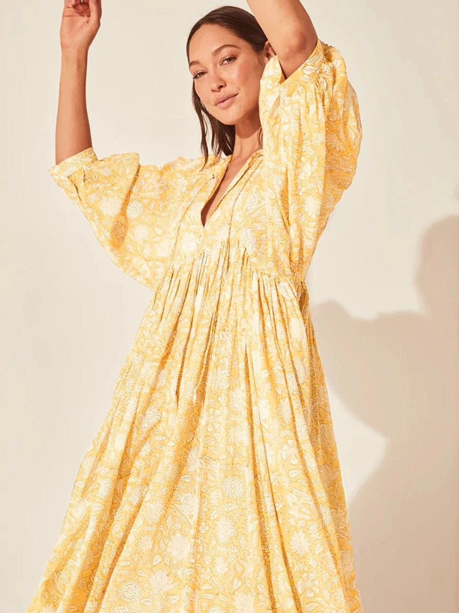 XL / FQPR011 Wholesale Casual Beach Vacation Style Swing Boho Floral Maxi Dresses Short Sleeves Loose Plus Size Bohemian Dress