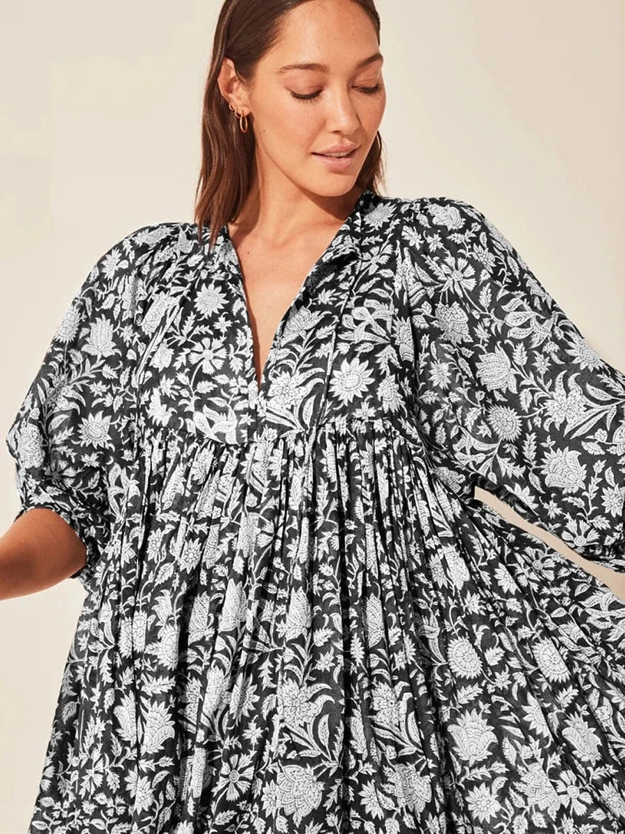 XL / FQPR015 Wholesale Casual Beach Vacation Style Swing Boho Floral Maxi Dresses Short Sleeves Loose Plus Size Bohemian Dress