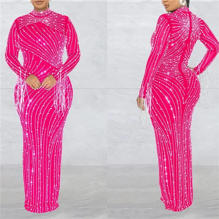 XL / Fuchsia 2024 Summer 2 Piece Set Rhinestone Mesh High Neck Long Sleeve Tassels Bodycon Midi Maxi Long Dress For Women