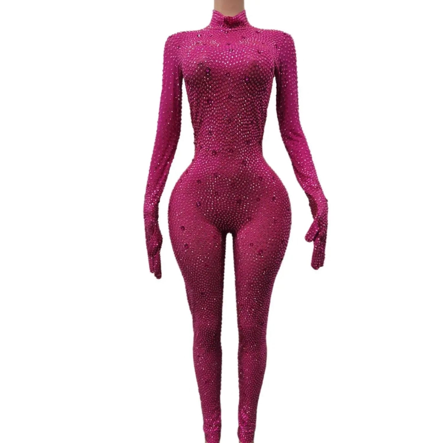 XL / Fuchsia Sparkly See Through Crystal One Piece Bodysuit Ladies Rompers Performance Dancer Leotard Plus Size Sexy Diamonds Mesh Jumpsuit