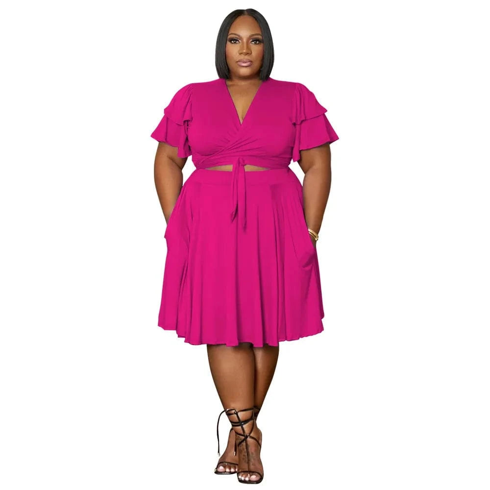 XL / Fuchsia women's clothing summer 2024 Stylish Ruffled sleeves lace-up V-neck plus size loose skirt set