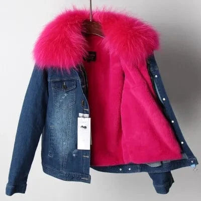 XL / Fuschia 1 Women Denim coat Faux fur thick lining coat raccoon fur Big collar bomber jacket