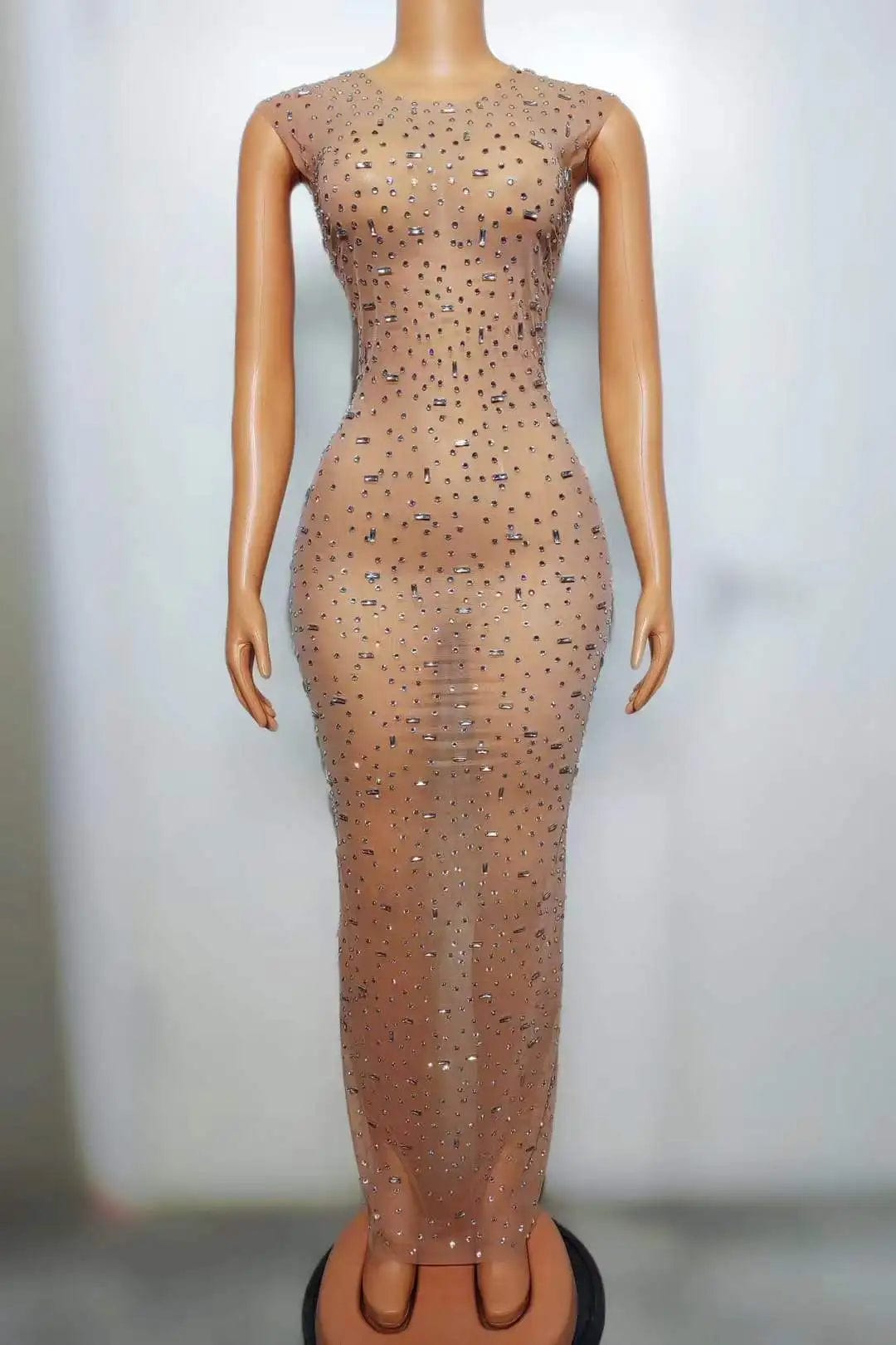 XL / FX240117 Nude Ocstrade Fashion 2024 Shiny Sequins Women Dress For Stage Sleeveless Sexy Transparent Bodycon Slit Maxi Performance Dress