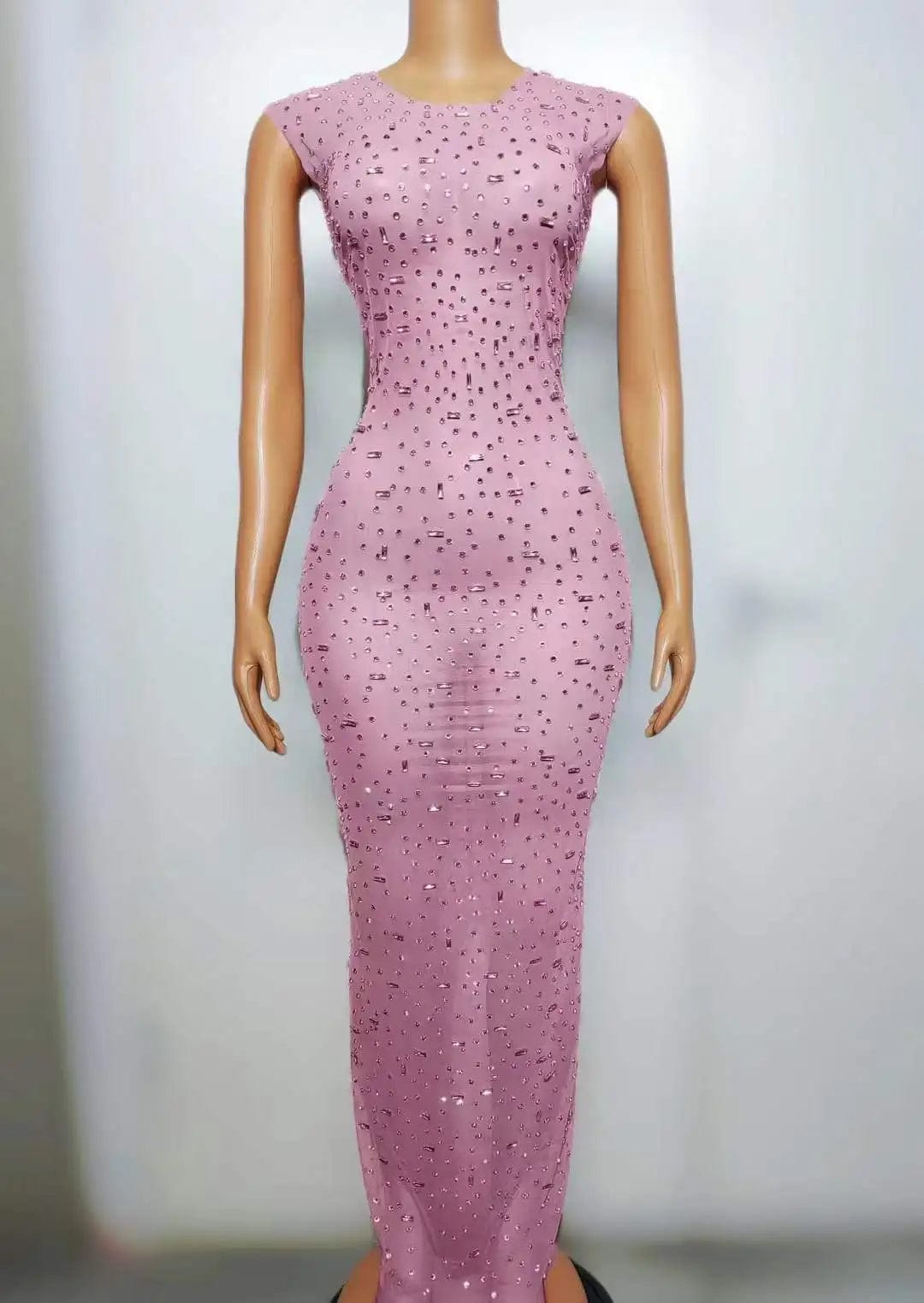 XL / FX240117 Pink Ocstrade Fashion 2024 Shiny Sequins Women Dress For Stage Sleeveless Sexy Transparent Bodycon Slit Maxi Performance Dress