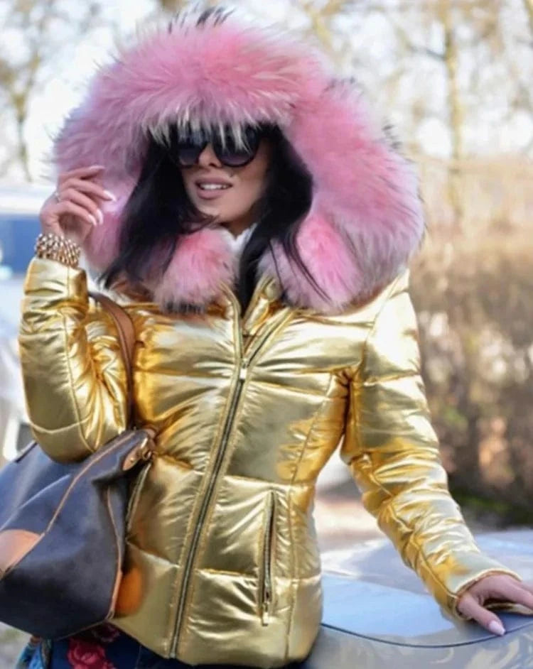 XL / Gold Liu Ming Winter Women Clothing Fashion Hood Faux Fur Collar Outwear Parkas Ladies Down Jacket Plus Size Coat