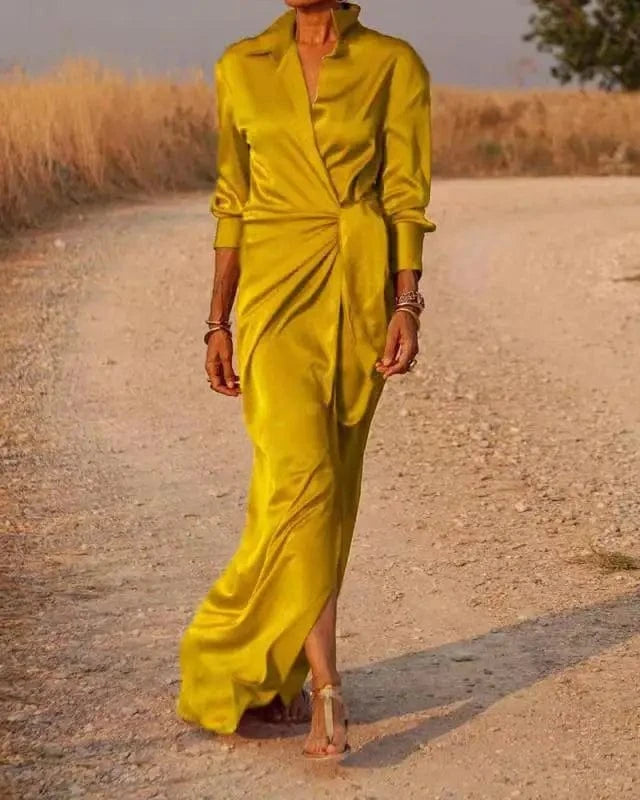 XL / Golden 2024 Women's Clothing Ladies Lace -up High Waist Split Mopping Dress Long -sleeved Lapel Sexy Dress