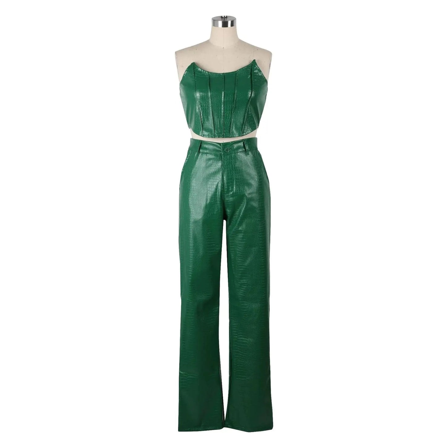 XL / Green 2024 New Fashion Women Lady Summer Sleeveless Strapless Zipper Animal Grain Fashion Top+Pants 2 Pieces Set Casual Suits