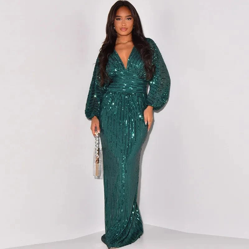 XL / Green 2024 New Fashion Women Sexy V-neck Puff Long Sleeve Sequined Slim Waist Long Dress Lady Evening Party Dress