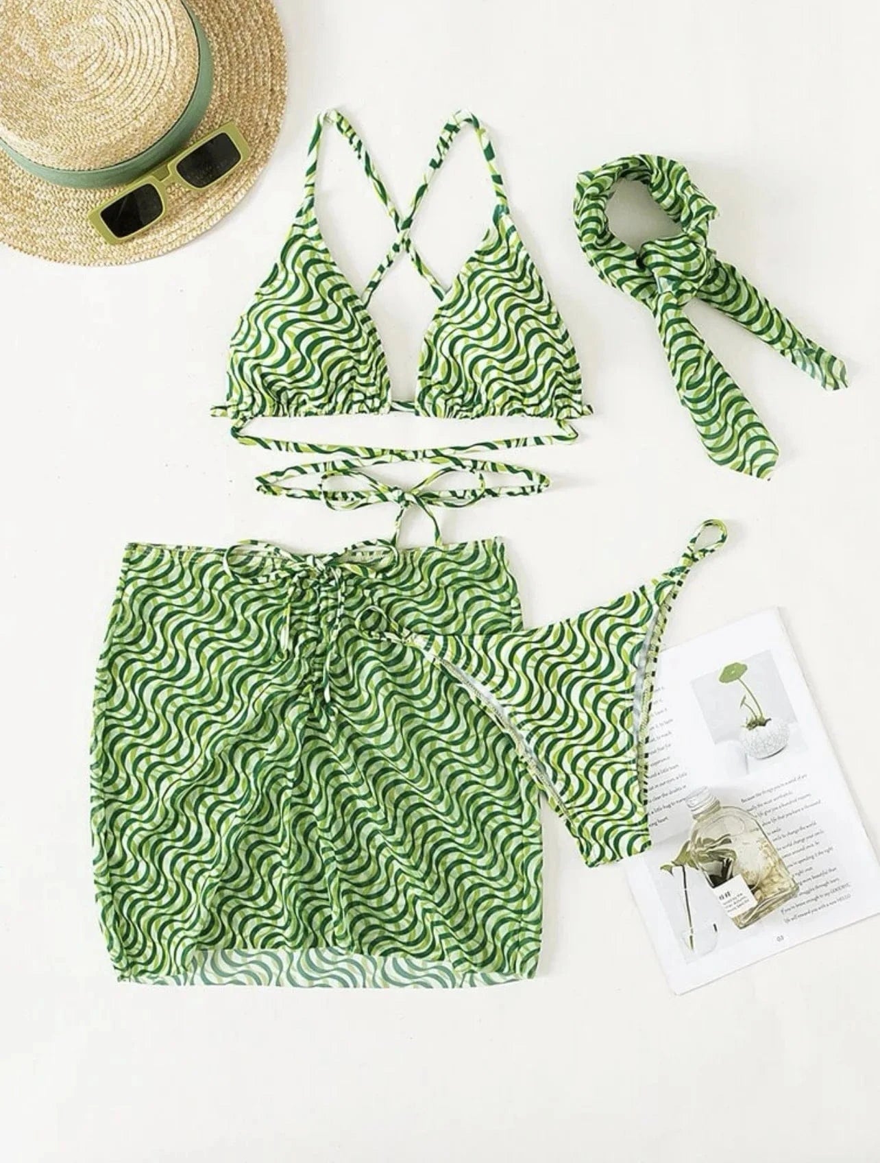 XL / Green 2024 summer S-XL swimsuit cover ups women beachwear 3 piece bikini set with headband