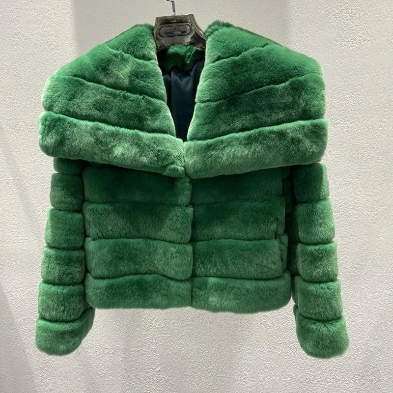 XL / Green 2024 Women Winter Fashionable Real Rex Rabbit Fur Jacket with Bigger Collar Full Skin Thick Warmer Ladies Fur Coat