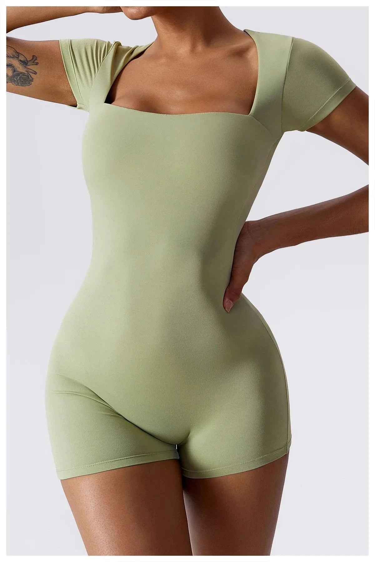 XL / Green Gym Fitness Sexy One Piece Square Neck Built In Bra Short Sleeve Shorts Yoga Dance Jumpsuit Women Workout Training Sports Wear