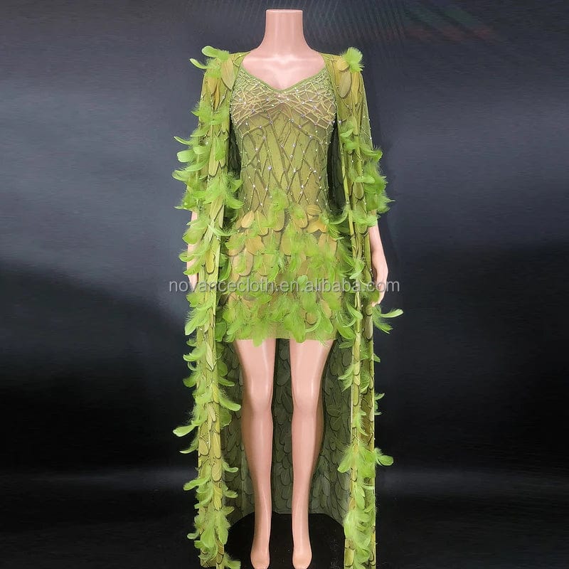 XL / Green NOVANCE 2024 purple feather sexy mini shiny diamonds elegant evening dress with cape women sling plus size clothes for evening