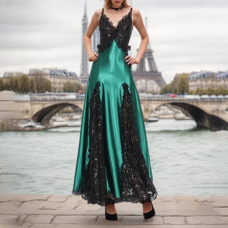 XL / Green OUDINA 2024 New Suspender Dress Temperament Sexy Patchwork Slimming Satin Long Lace Evening Dress