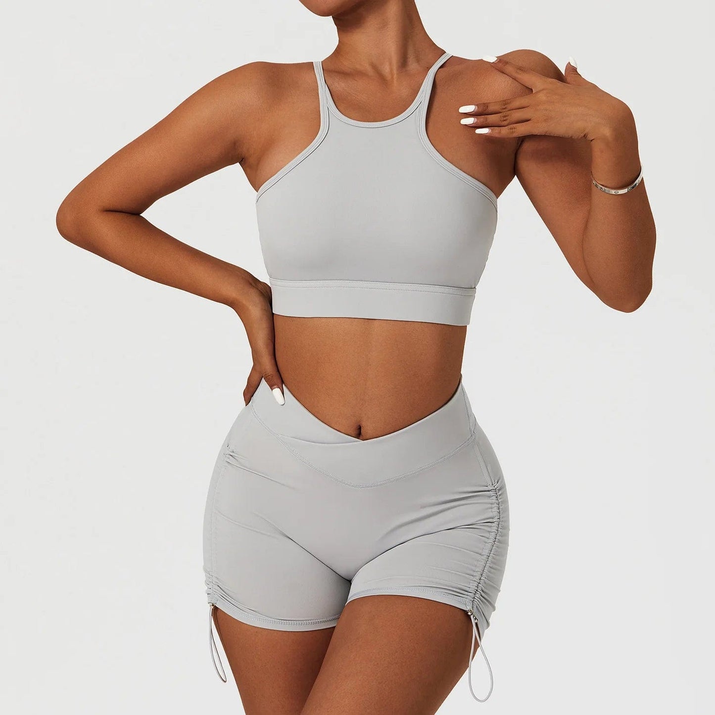 XL / Grey C High Impact Bra and Cross V Waist Shorts Yoga Biker Set 2 PCS Stretchy Nylon Workout Running Clothing 2024 Women Gym Sportswear
