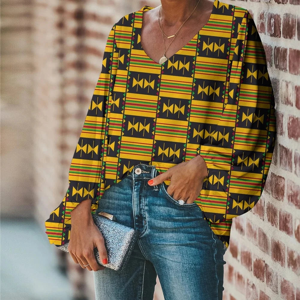 XL / HQD061B2 Afro Dashiki Adinkra Kente Pattern Long Sleeve V-Neck Chiffon Top