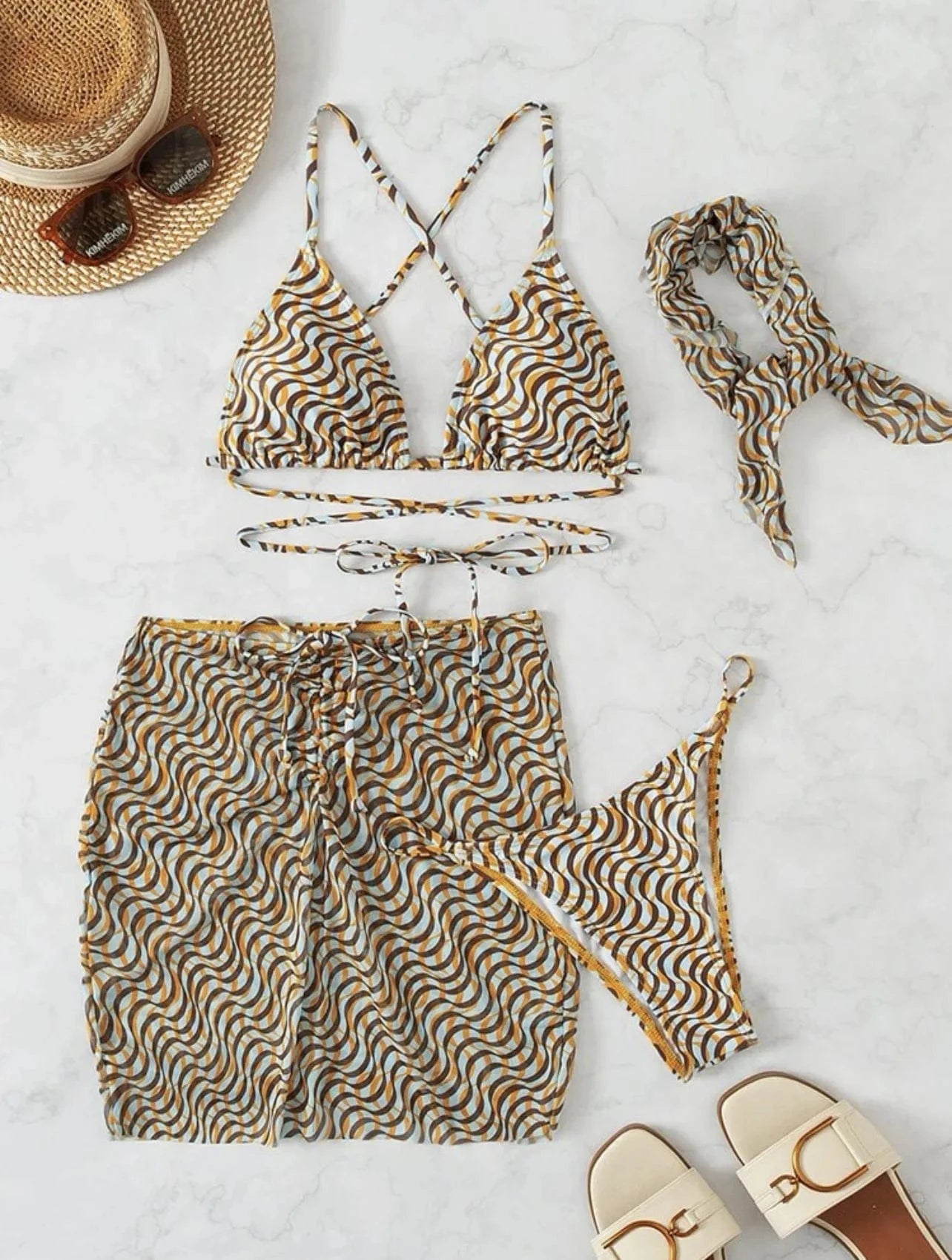 XL / Khaki 2024 summer S-XL swimsuit cover ups women beachwear 3 piece bikini set with headband