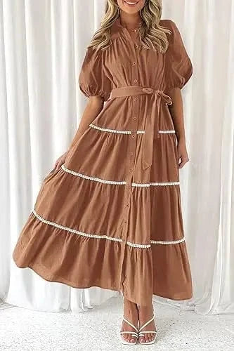 XL / Khaki Casual Loose Lace up Short Puff SLeeve Dresses for Summer Women's Dress 2024 New V-neck Solid High Waist Maxi Shirt Dress Woman