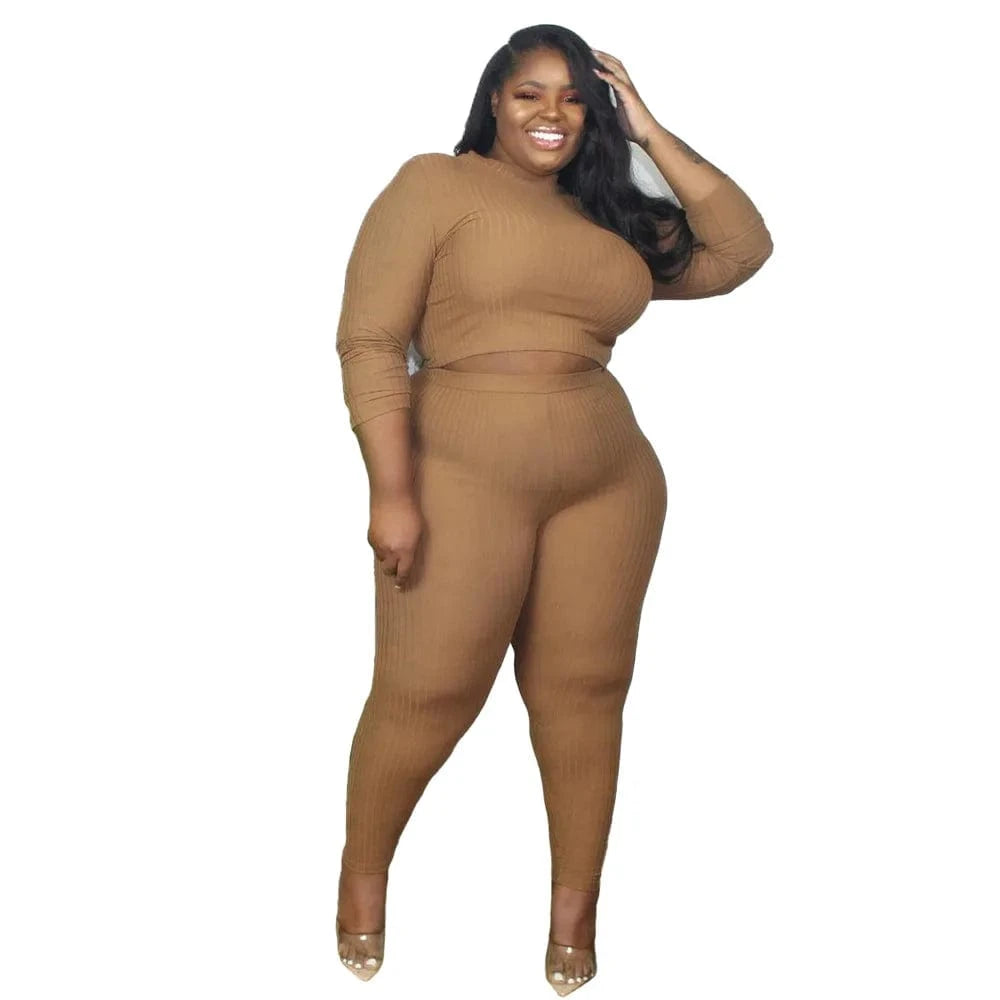 XL / Khaki Solid Ribbed Knit Plus Size Ladies Outfits Black Long Sleeve 2 Piece Pants Set Women Clothing