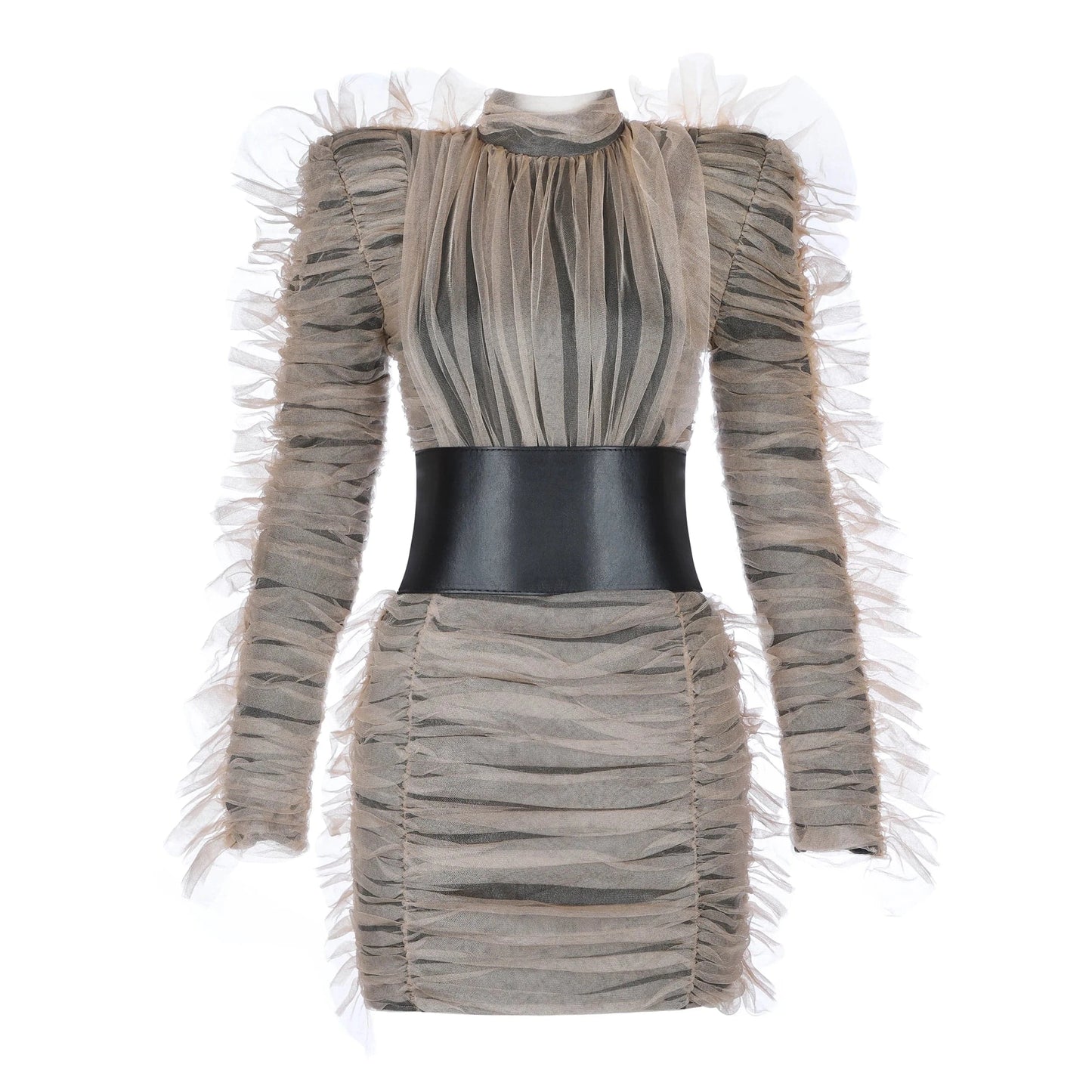 XL / Khaki Women Celebrity Nightclub Party Evening Long Sleeve Mesh Elegant Lady sexy mini Dress With Belt