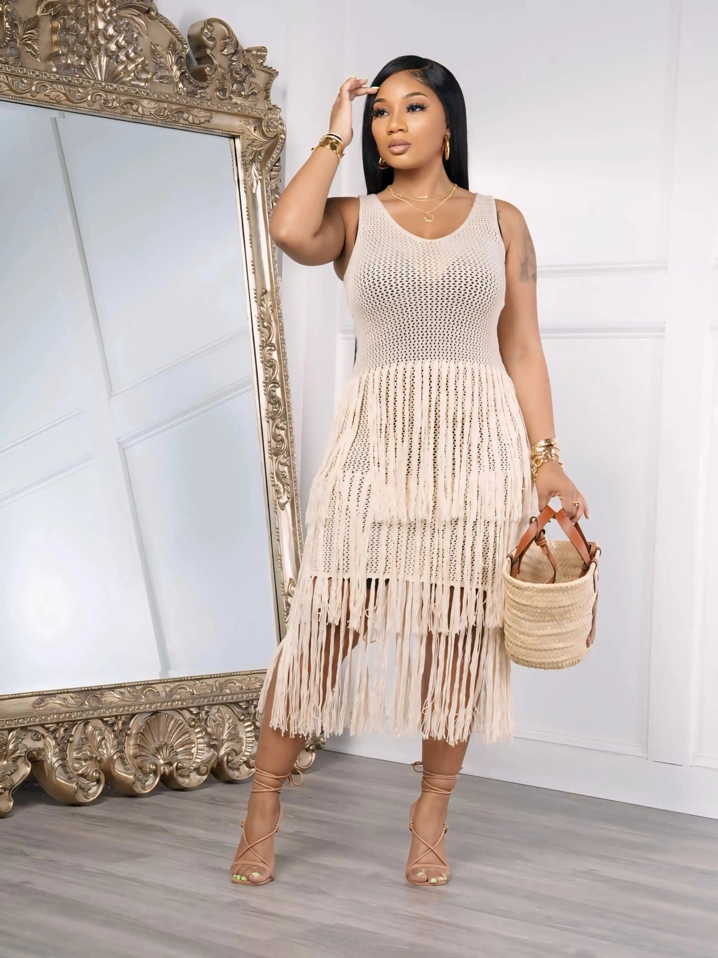 XL / khaki Womens affordable clothing summer sun hollow out mesh cover up beach dress for women