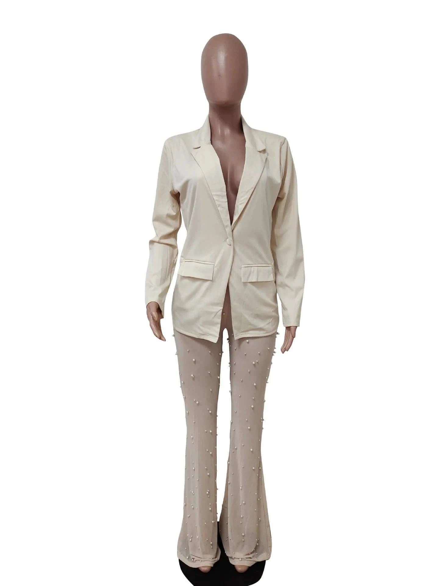 XL / Khaki ZHEZHE Wholesale Women Clothing 2024 Fashion Blazer And Beaded Mesh Pants Suit Two Piece Outfits Set