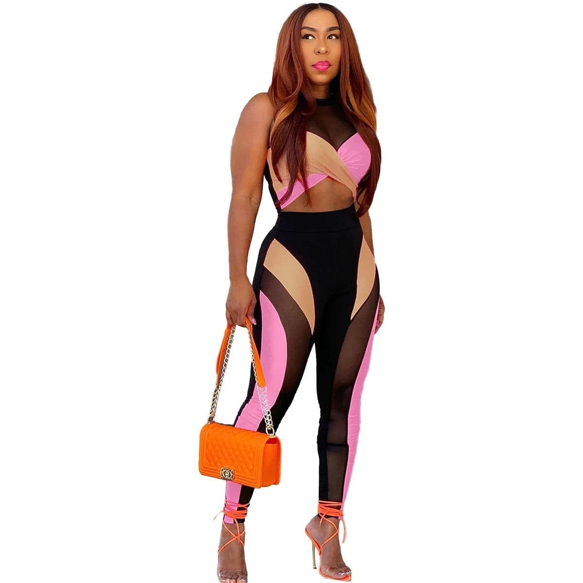 XL / L286929-3 Outsunny Arrivals Folding Set with Patchwork Contrast Color Crop Tops and High Waist Leggings Sexy 2 Piece Mesh Outfit Casual