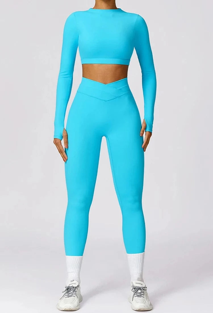 XL / Leggings Light blue 2024 Custom Wholesale Fitness Gym Shorts Women Yoga Bra Leggings Women Long-Sleeved top 2 Piece Yoga Sets Gym Fitness Sets