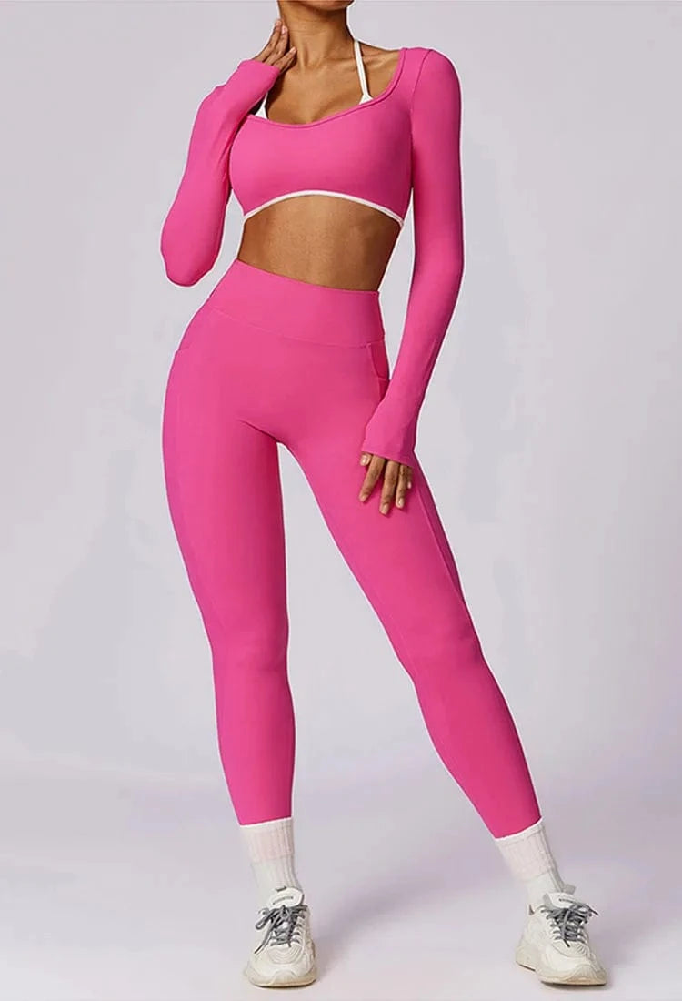 XL / Leggings Rose red 2024 Custom Women's Workout sets Bra for women Backless High Waist Long-sleeved top Women sportswear Leggings 2 Pieces Yoga set