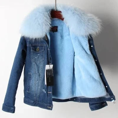 XL / Light Blue 1 Women Denim coat Faux fur thick lining coat raccoon fur Big collar bomber jacket