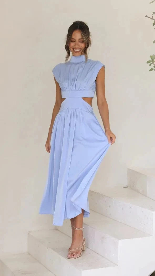 XL / Light Blue 2024 Girls Summer Hot Sale New Casual Solid Color Sweet Fashion Street Summer Stand-up Collar Macaron Color Long Dress