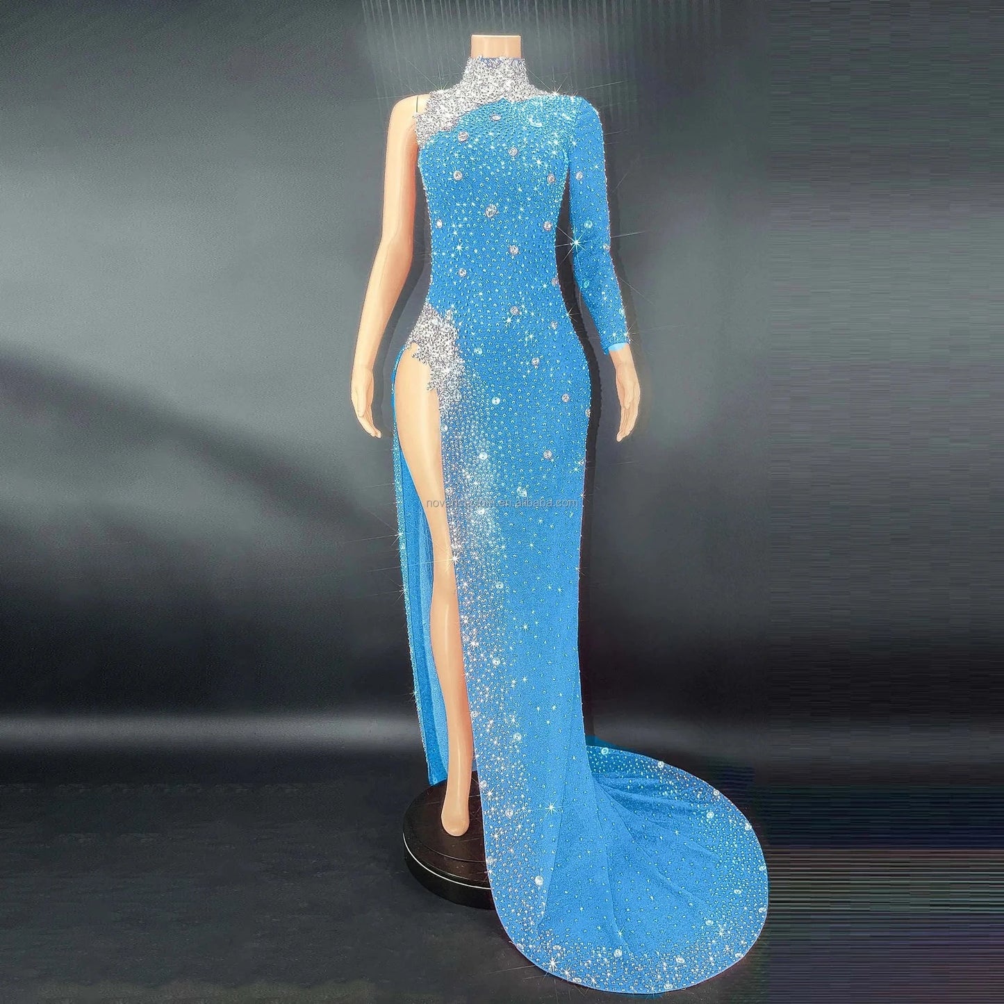 XL / Light Blue Wholesale Clothing Vendor Mint Stylish Maxi Dress With Long Sleeve Evening Dress One Shoulder Luxury Party Vetement Pour Femme