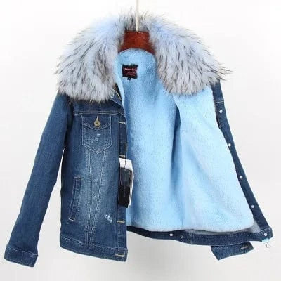 XL / Light blue with balck tip Women Denim coat Faux fur thick lining coat raccoon fur Big collar bomber jacket