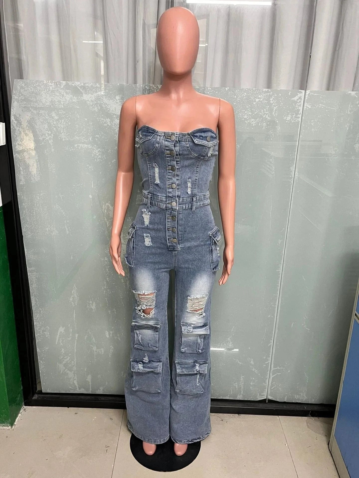 XL / Light Blue Women Fashion Overall Street Style Stretchy Blue Denim Strapless 2024 Loose Ripped One Piece Jean Cargo Jumpsuit