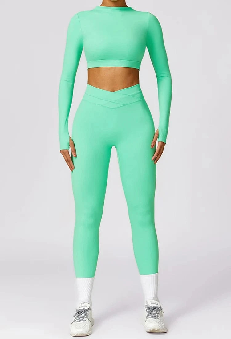 XL / Long sleeve Mint Green 2024 Custom Wholesale Fitness Gym Shorts Women Yoga Bra Leggings Women Long-Sleeved top 2 Piece Yoga Sets Gym Fitness Sets