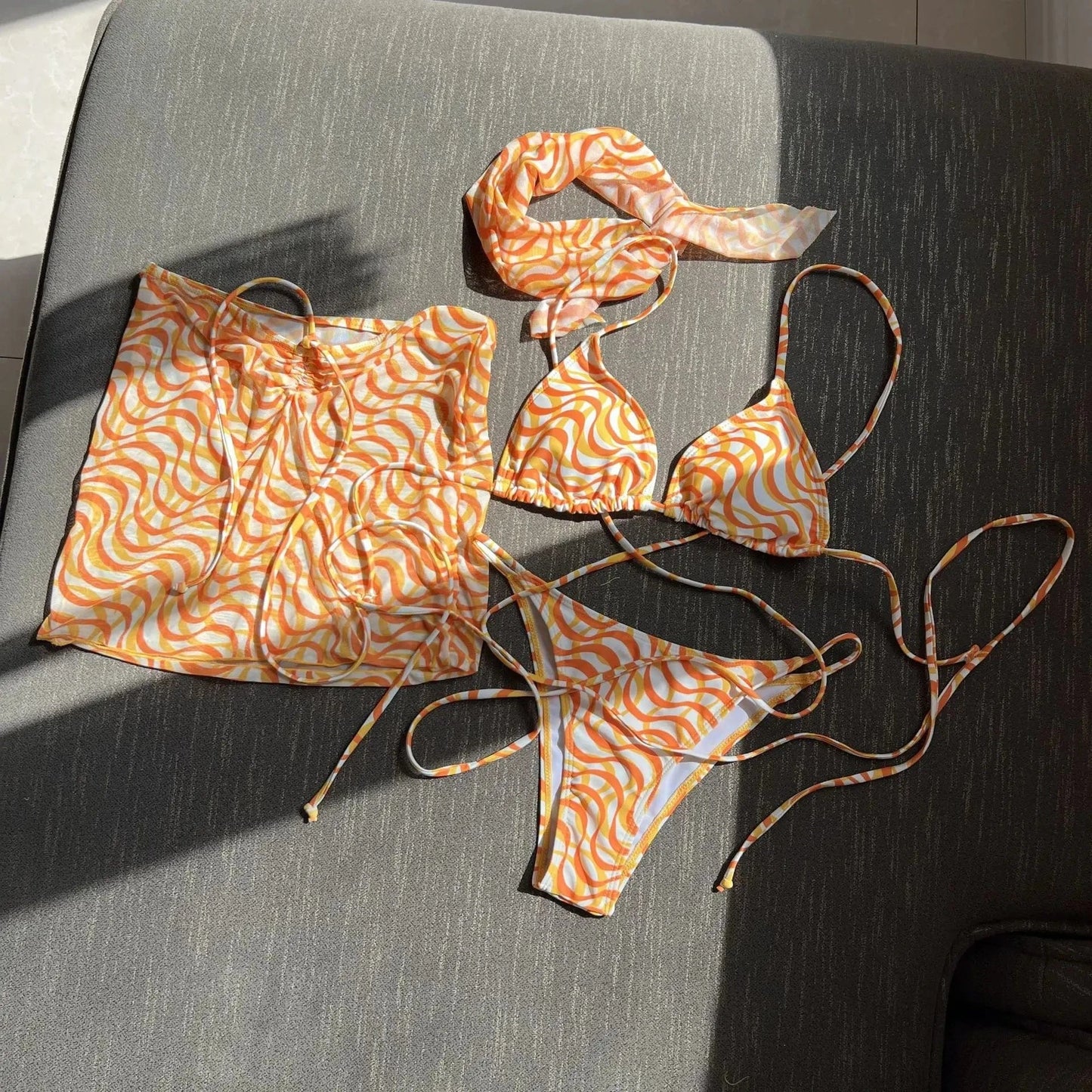 XL / Orange 2024 summer S-XL swimsuit cover ups women beachwear 3 piece bikini set with headband
