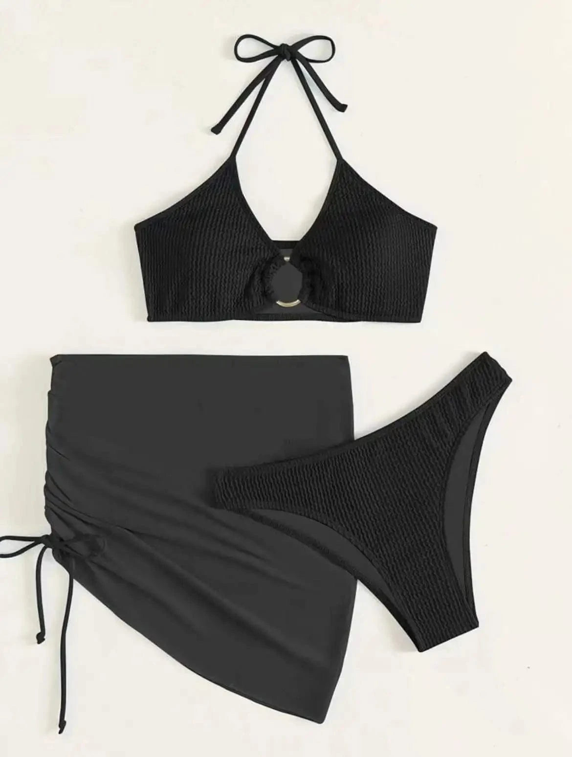 XL / Orange 3 Pieces Mesh Skirt Swimsuit Women Halter Micro Ribbed Bikini 2024 High Waist Swimwear Sexy Solid Beachwear Bathing Suit Biquini