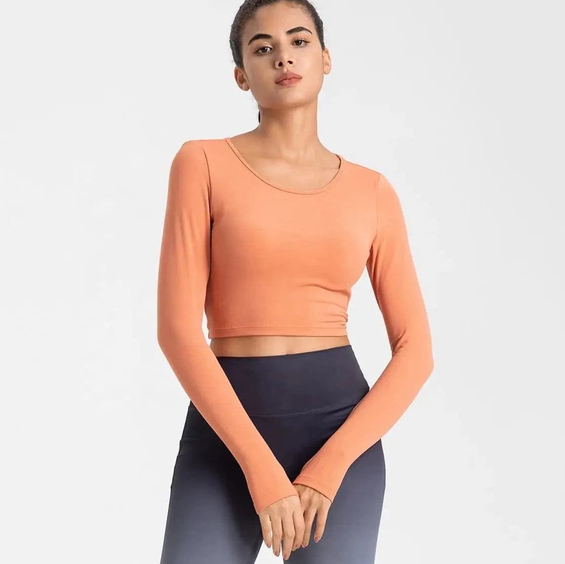XL / Orange Hot selling 2024 new Women Long Sleeve Stretchy Soft Cropped Hollow Back Fitness T Shirt