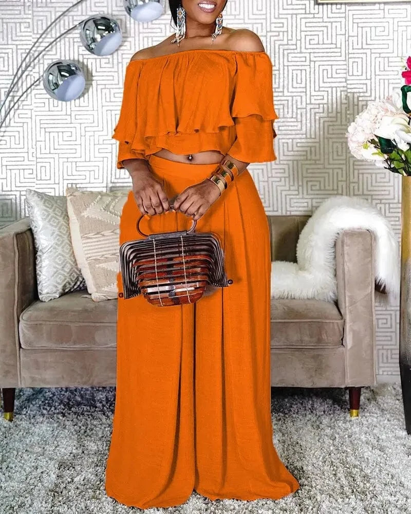 XL / Orange Liu Ming Hot Selling Custom 2024 Summer Women Ruffle Off Shoulder Tops Plus Size Wide Leg Loose Trousers Pants Set