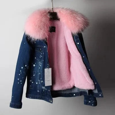 XL / Pink 2 Women Denim coat Faux fur thick lining coat raccoon fur Big collar bomber jacket