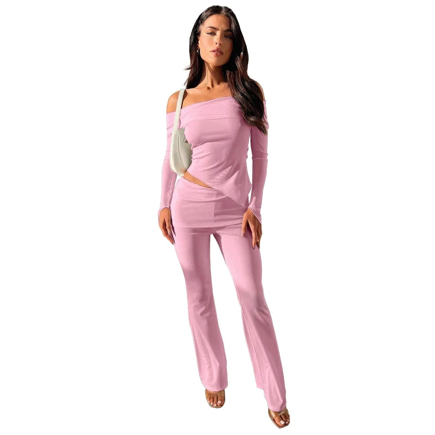 XL / Pink Irregular One Shoulder Flap Over Flared Pants Women 2 Piece Set Spring For 2024 Lounge wear women sets custom logo