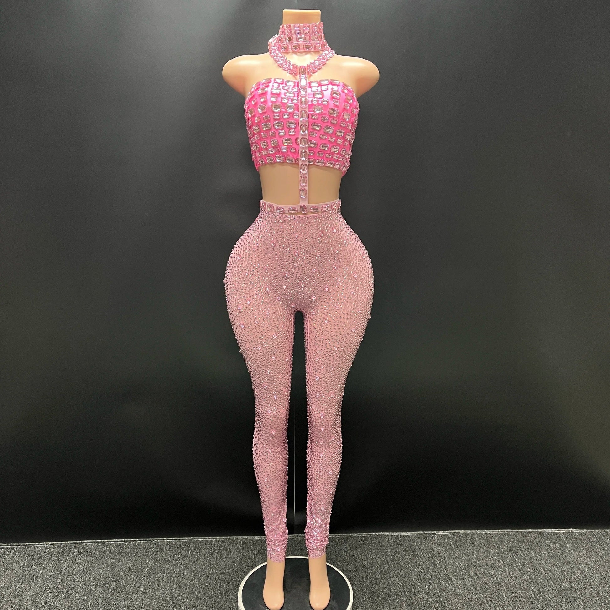 XL / Pink NOVANCE Y3745-D trending dress 2024 new arrival sexy suits for ladies rhinestone strapless crop top  mesh pants for casual