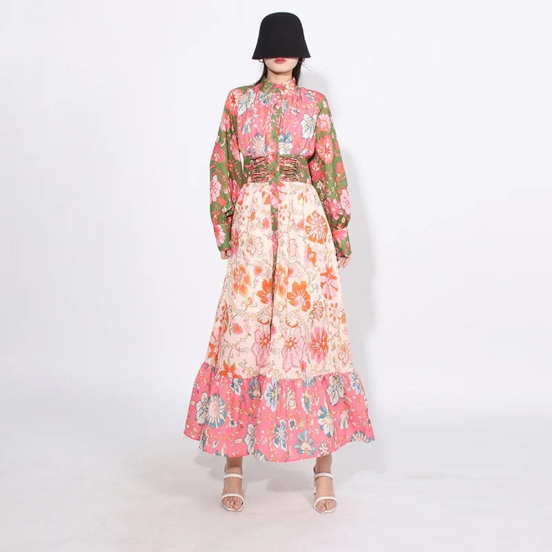 XL / Pink OUDINA 2024 New French Retro Printed Dress Lapel Single Breasted Waist Slimming Long Sleeve Maxi Long Dresses Women
