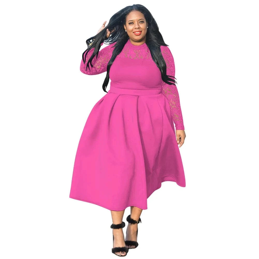 XL / Pink popular products 2024 Spliced lace round neck long sleeve plus size women clothing 2024 elegant dresses