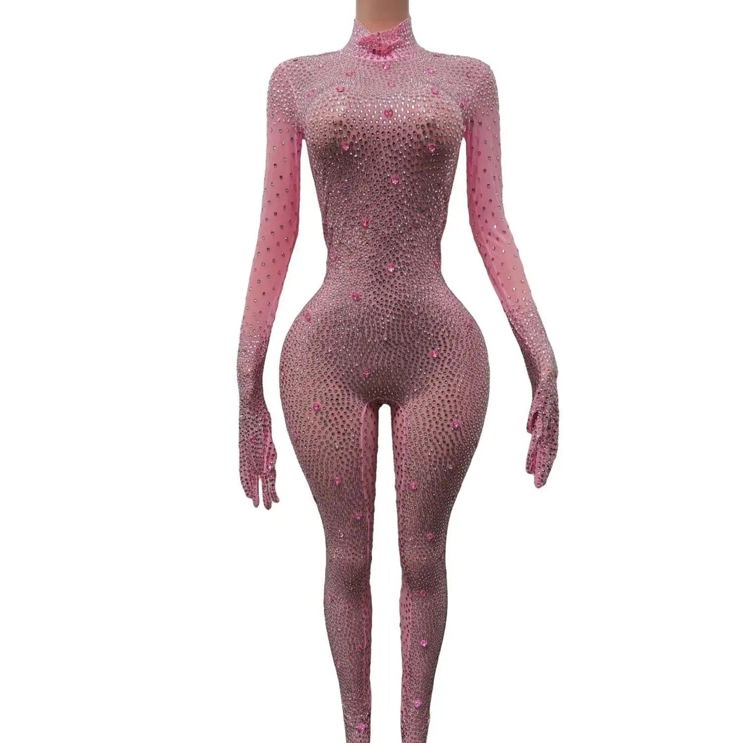XL / Pink Sparkly See Through Crystal One Piece Bodysuit Ladies Rompers Performance Dancer Leotard Plus Size Sexy Diamonds Mesh Jumpsuit