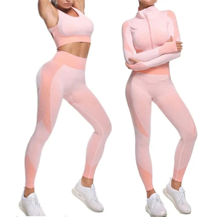 XL / Pink Wholesale Plus Size Gym Clothes Seamless Yoga Suit Workout 3 Piece Exercise Active Wear Long Sleeve Yoga Sets Fitness Women